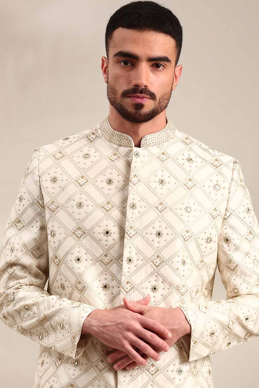 Ivory Chanderi Embroidered Sherwani Set