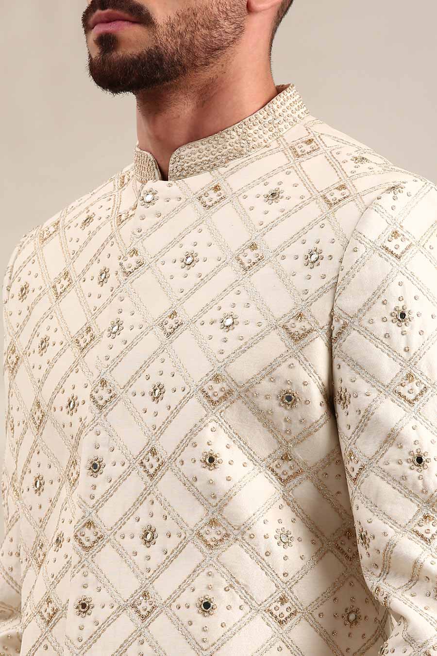 Ivory Chanderi Embroidered Sherwani Set