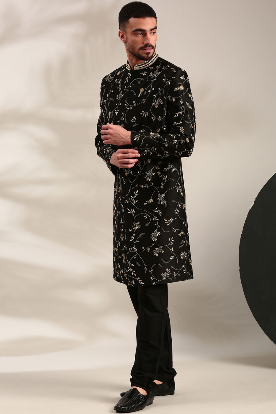 Black Chanderi Embroidered Sherwani Set