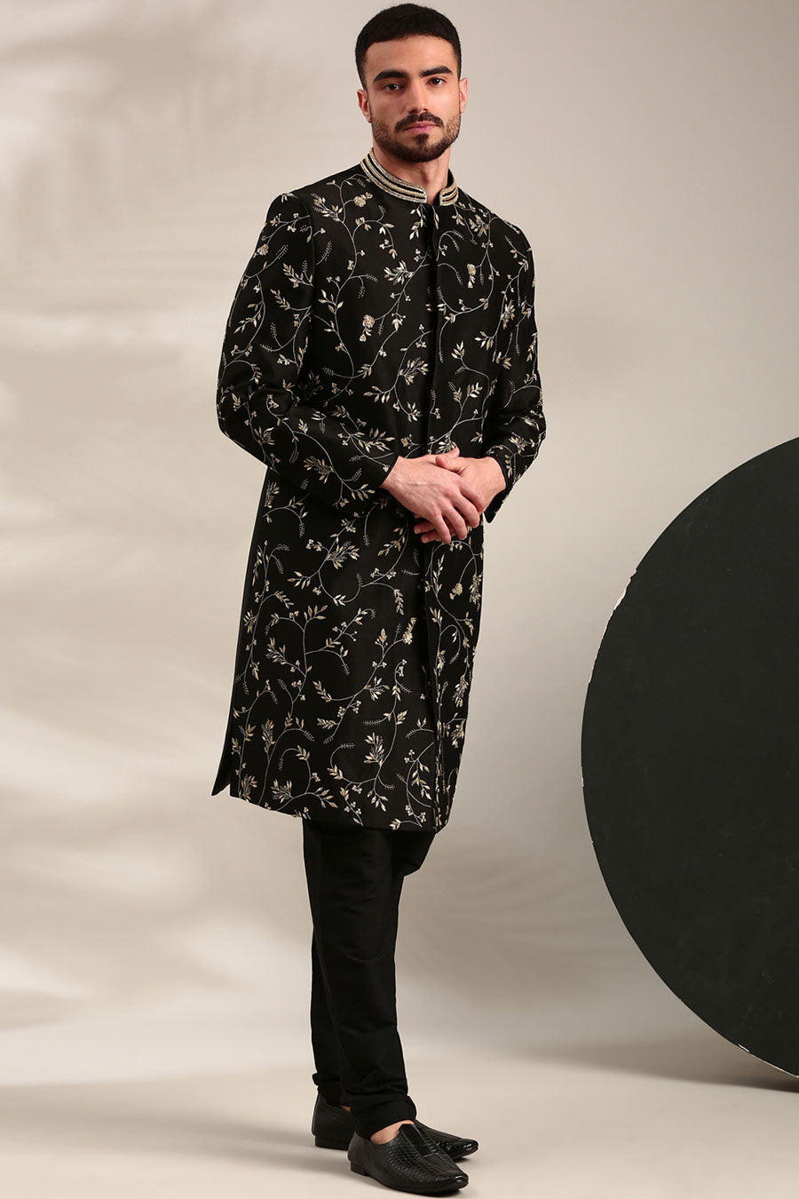Black Chanderi Embroidered Sherwani Set