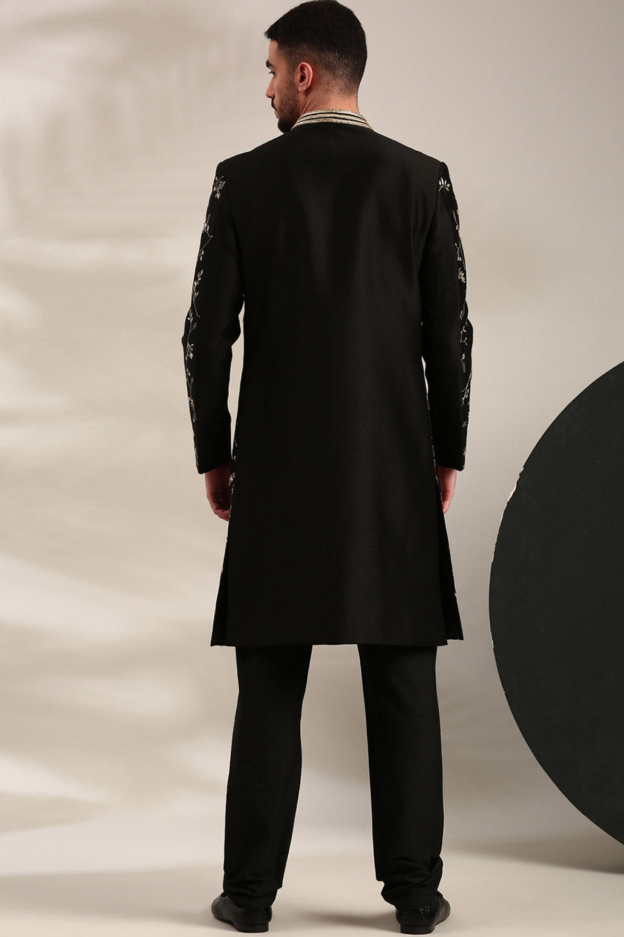 Black Chanderi Embroidered Sherwani Set