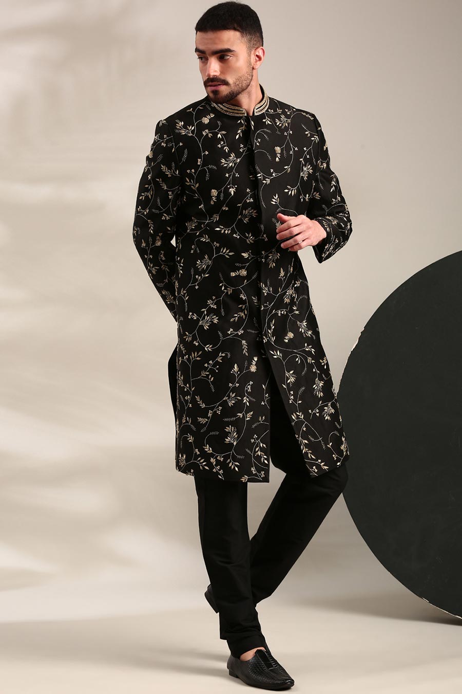 Black Chanderi Embroidered Sherwani Set
