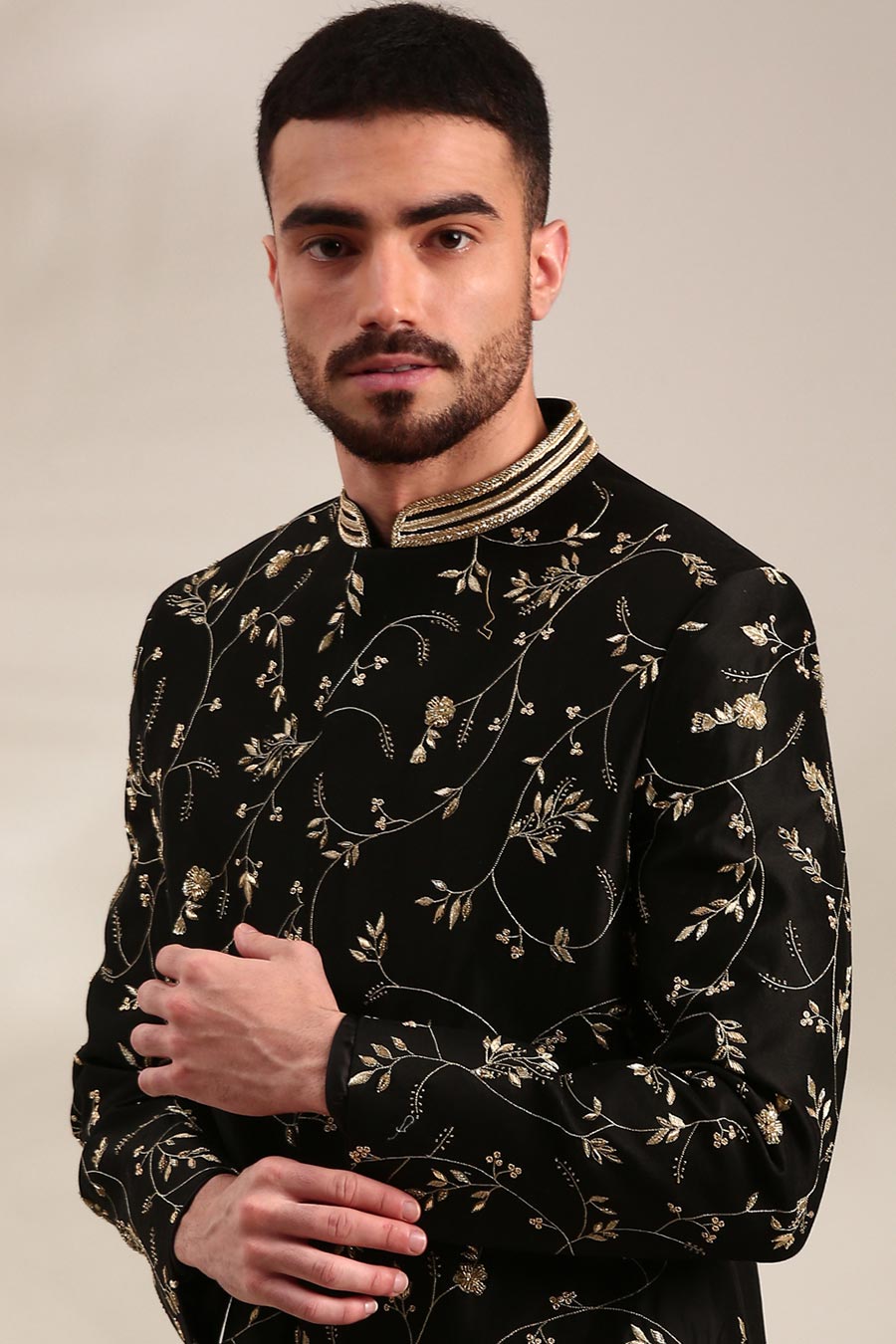 Black Chanderi Embroidered Sherwani Set