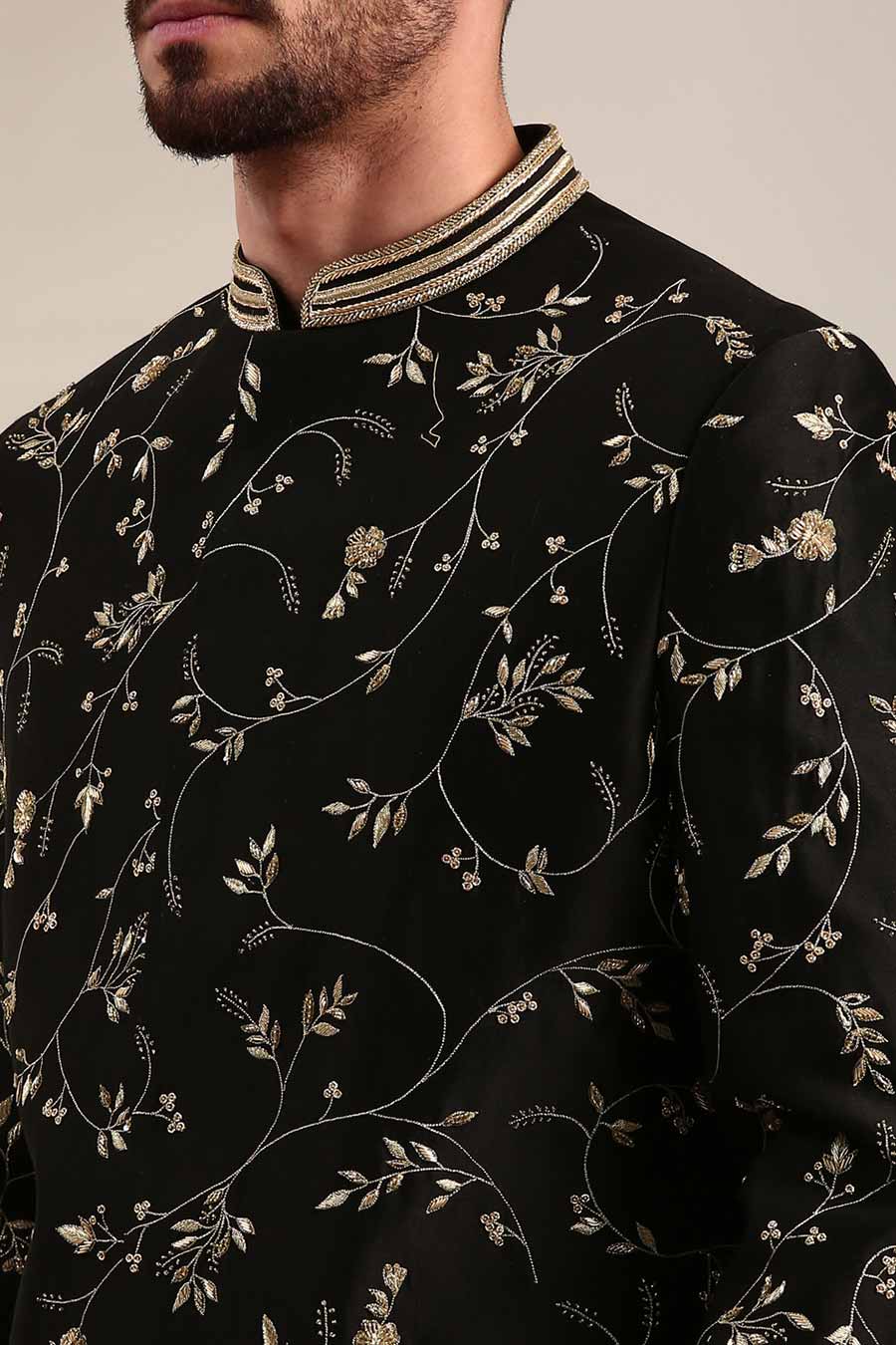 Black Chanderi Embroidered Sherwani Set
