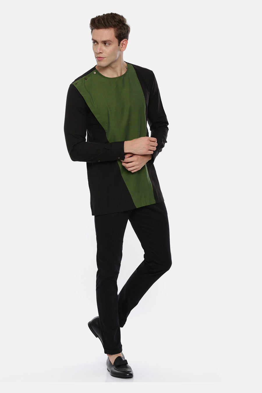 Black Green Panelled Short Kurta
