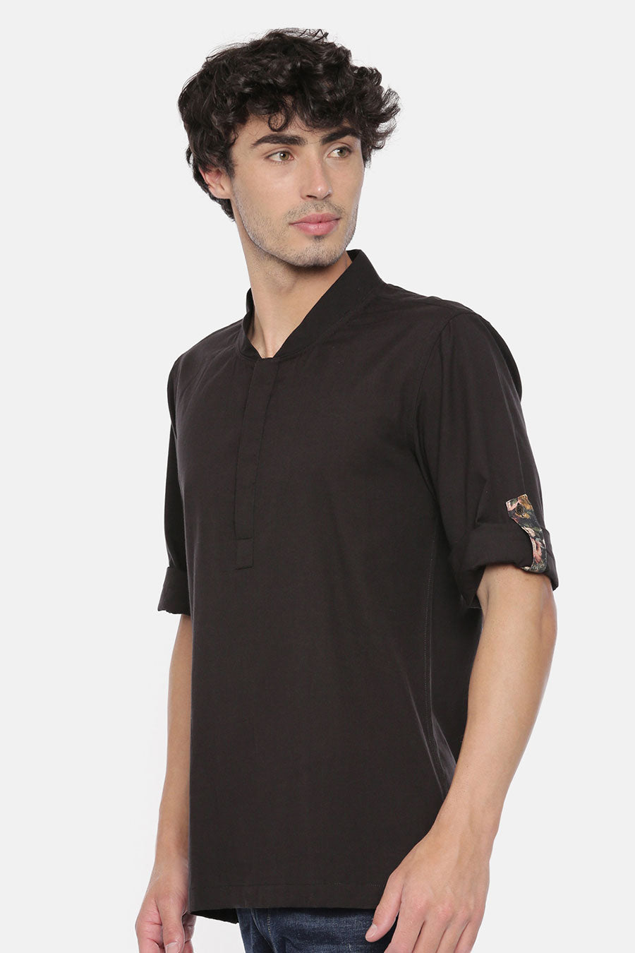 Black Low-Cut Collar Short Kurta
