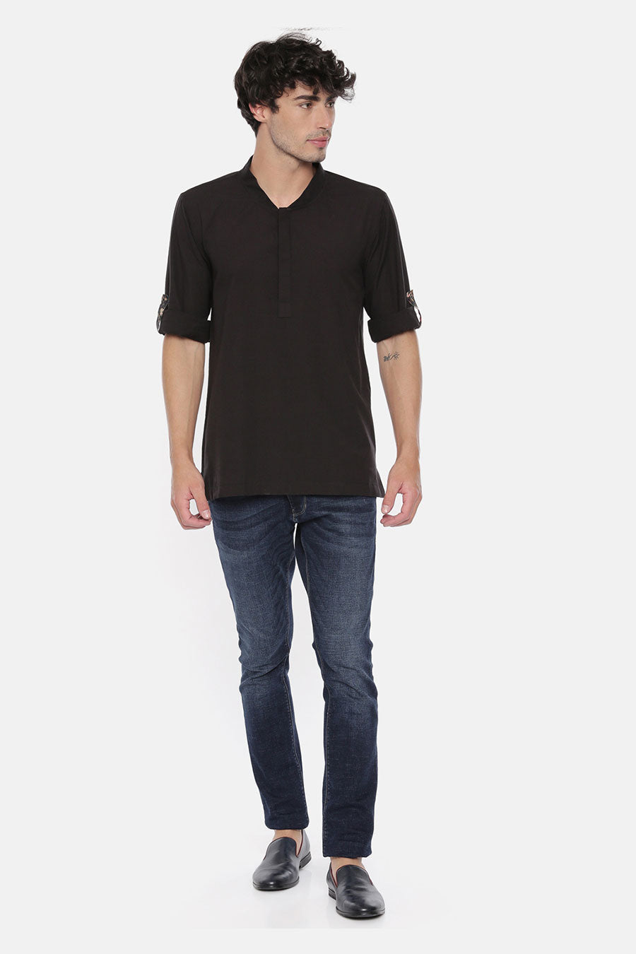 Black Low-Cut Collar Short Kurta