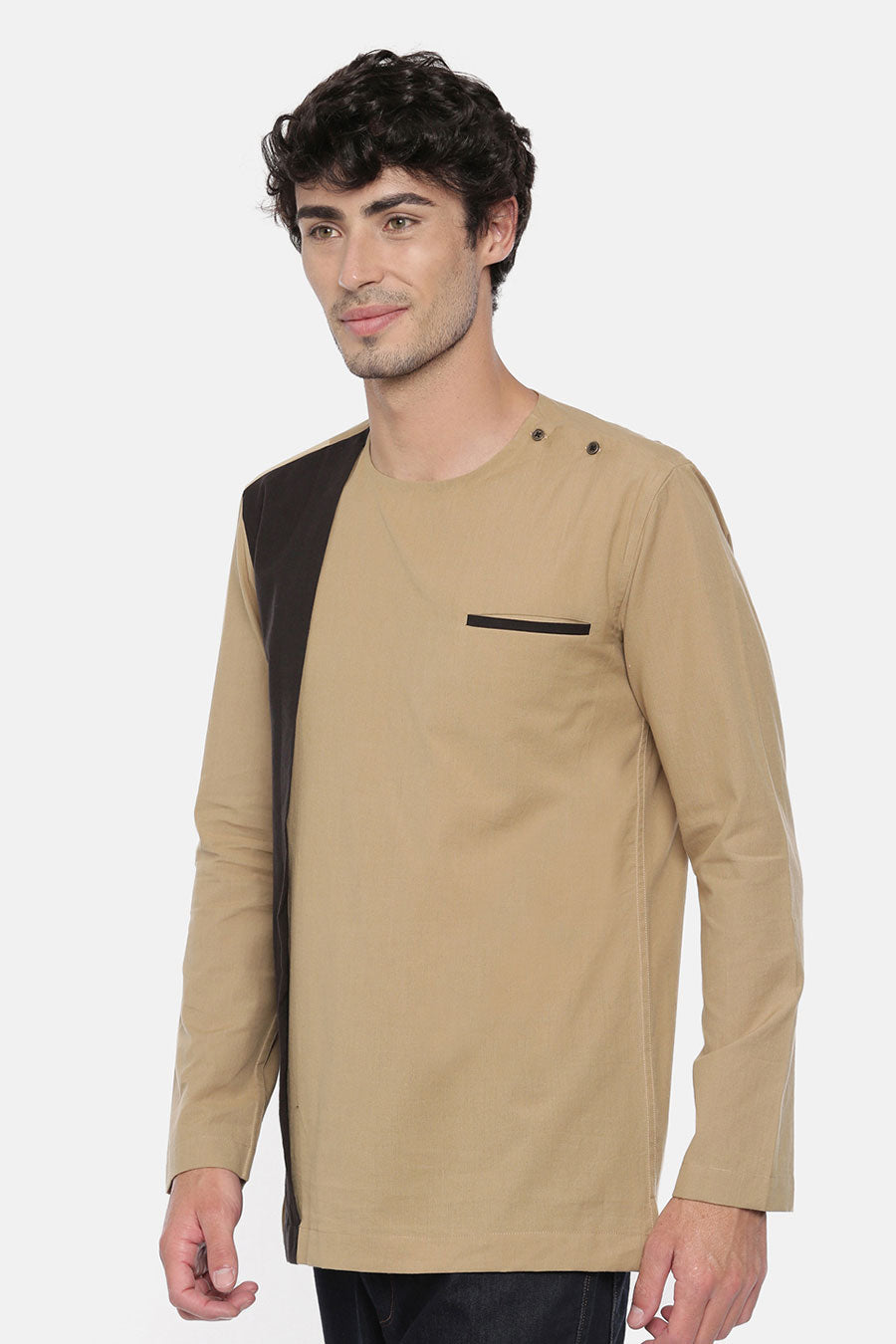 Khaki Black Panelled Short Kurta