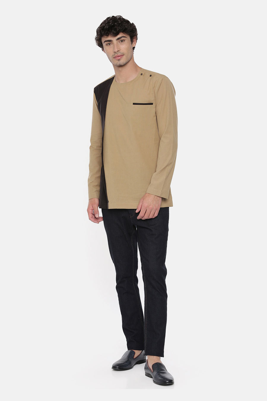 Khaki Black Panelled Short Kurta