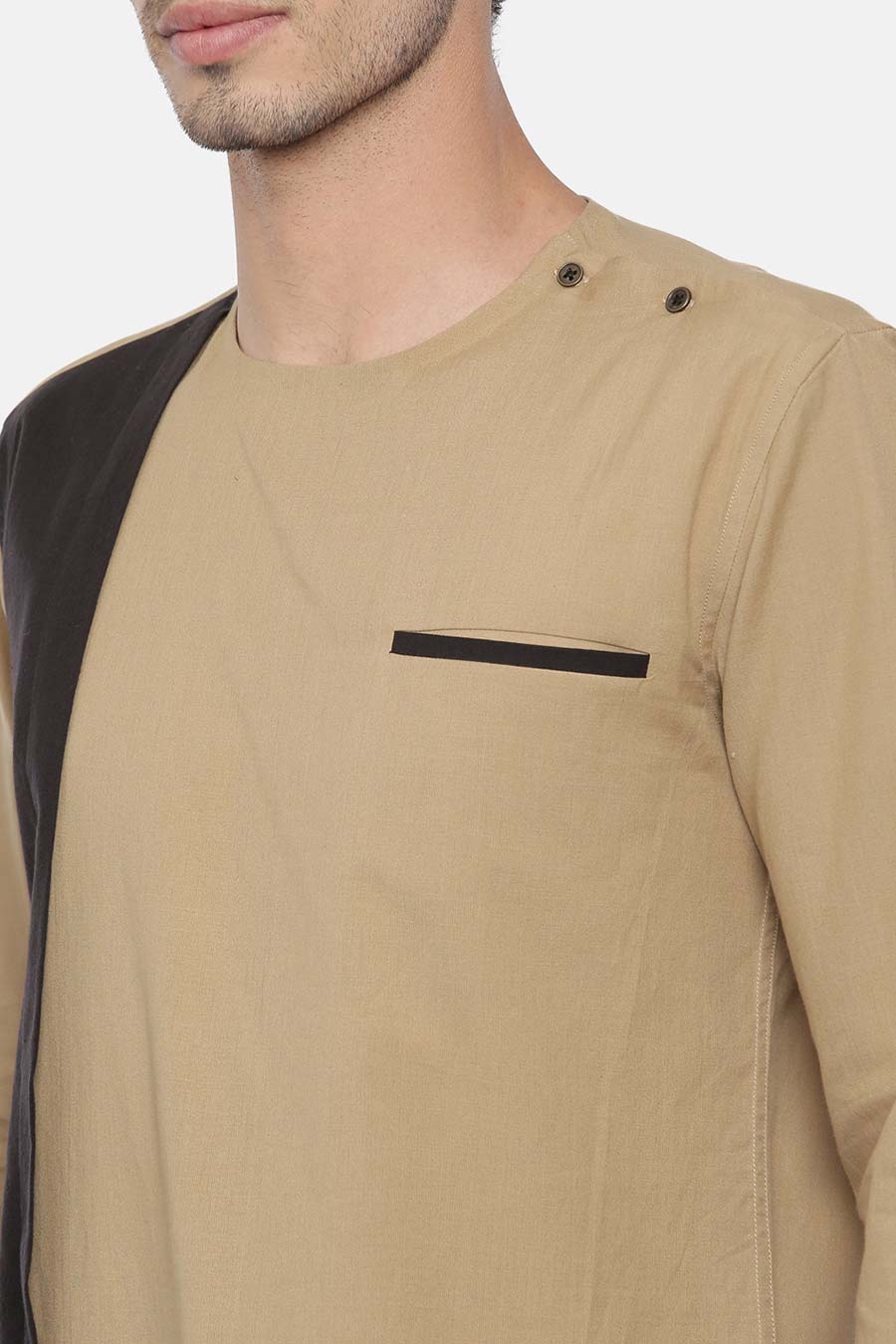 Khaki Black Panelled Short Kurta