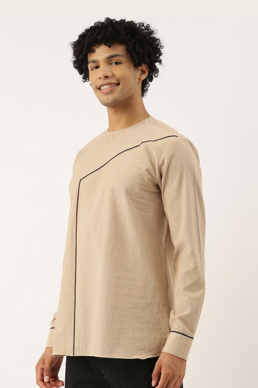 Beige Blue Piping Short Kurta