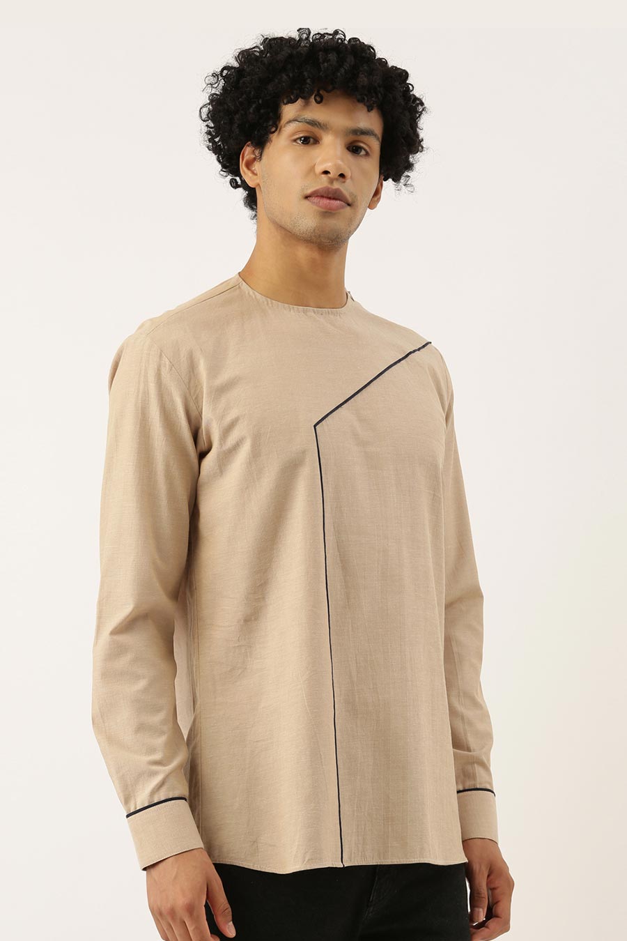 Beige Blue Piping Short Kurta
