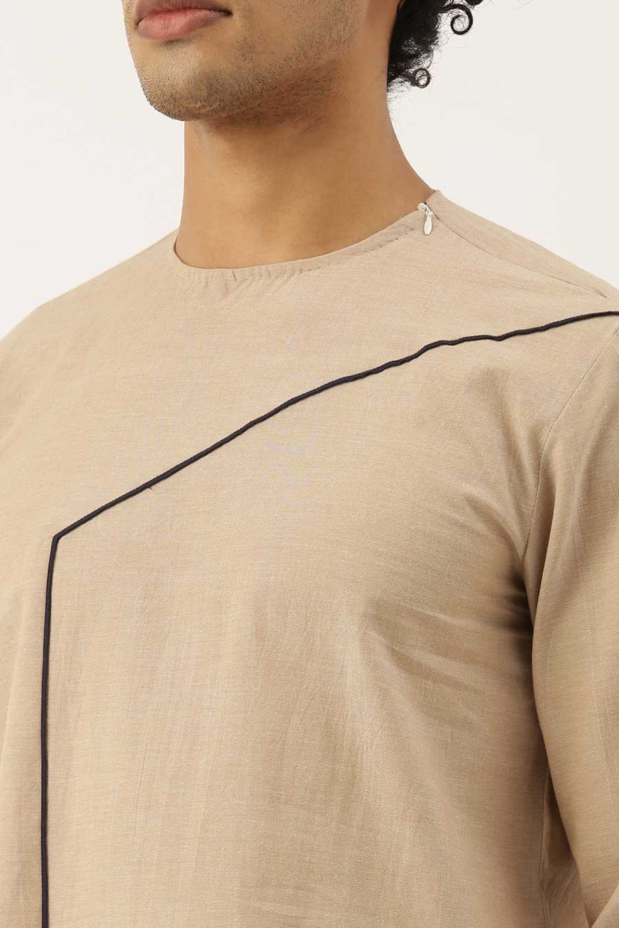 Beige Blue Piping Short Kurta