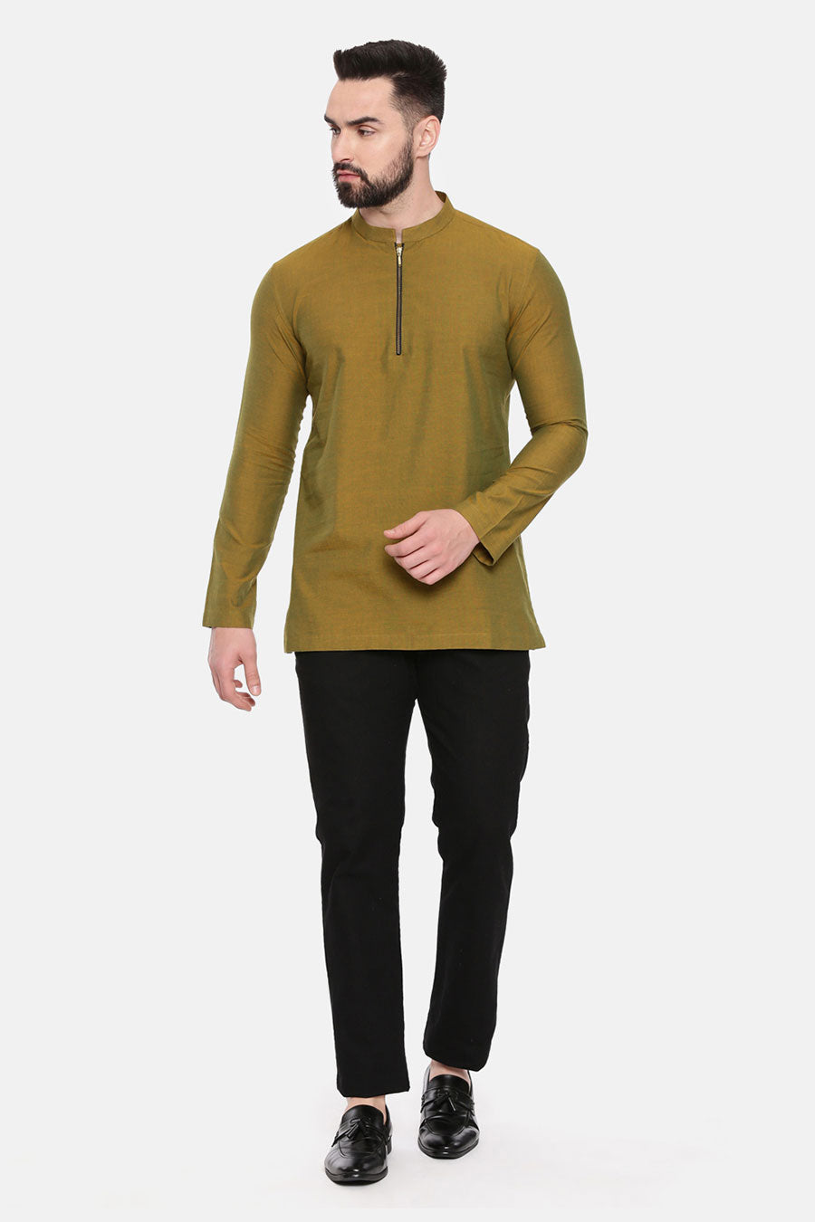Mustard Green Zipper Short Kurta