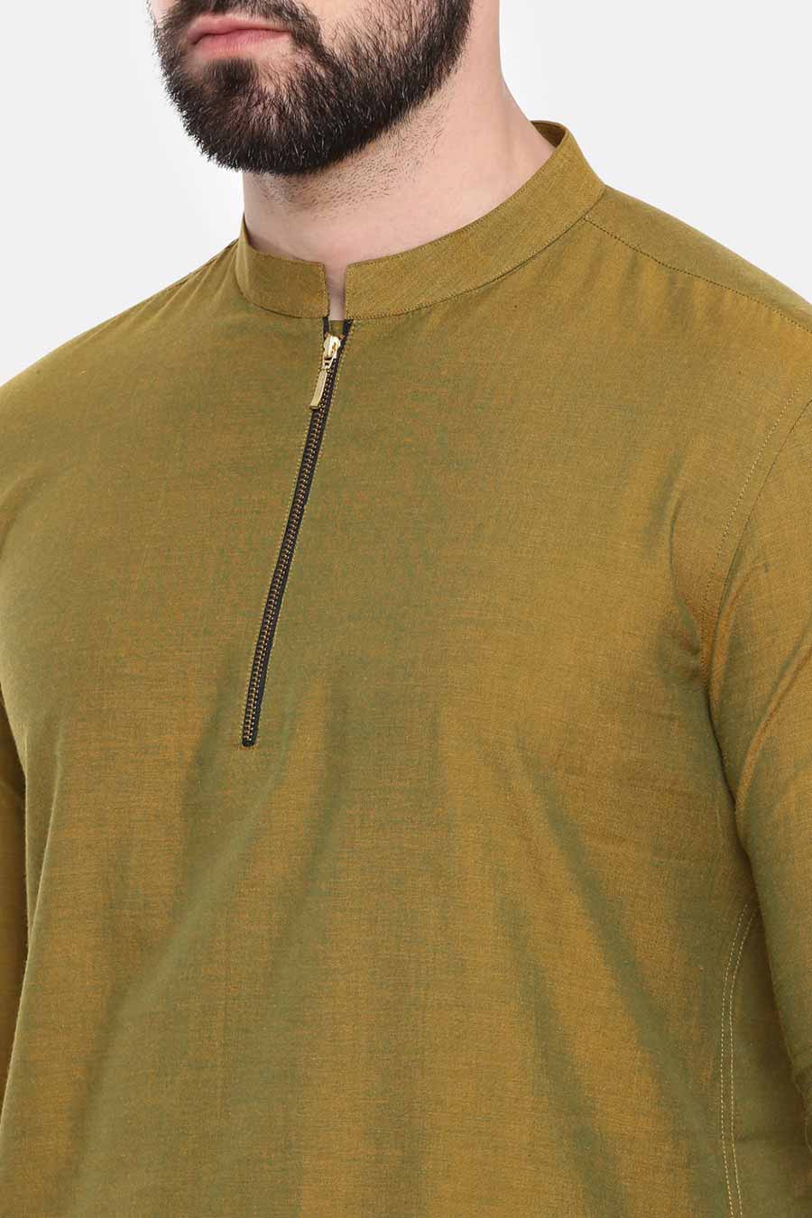 Mustard Green Zipper Short Kurta