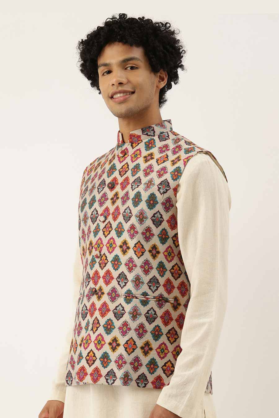 Beige Printed Chanderi Bandi Jacket