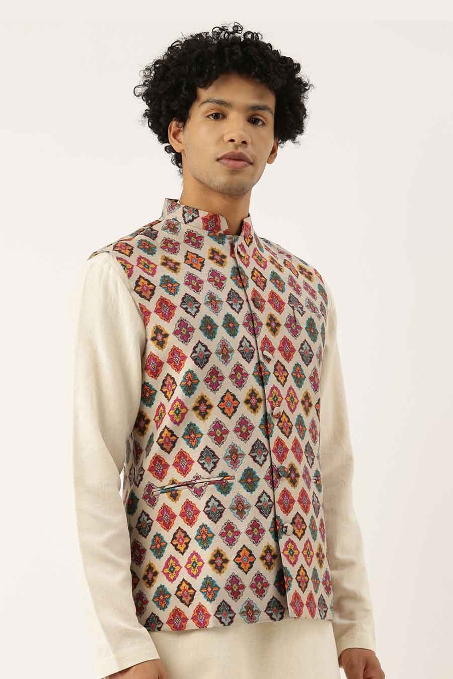 Beige Printed Chanderi Bandi Jacket