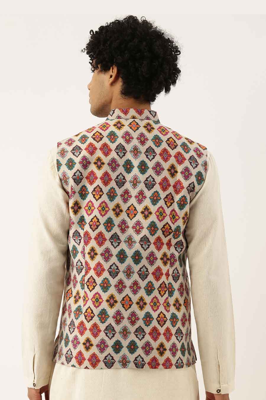 Beige Printed Chanderi Bandi Jacket