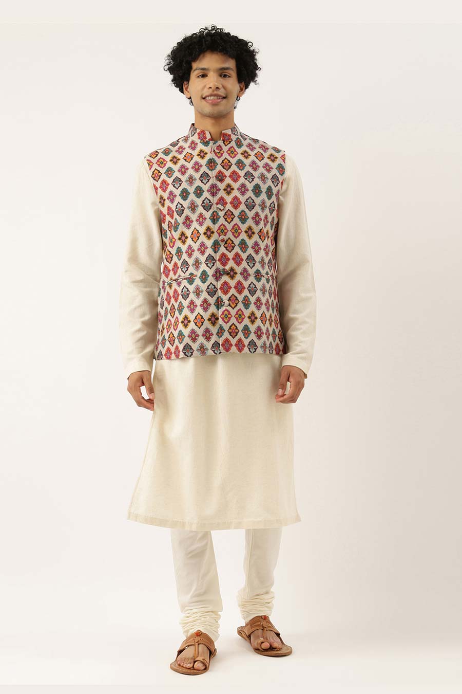 Beige Printed Chanderi Bandi Jacket