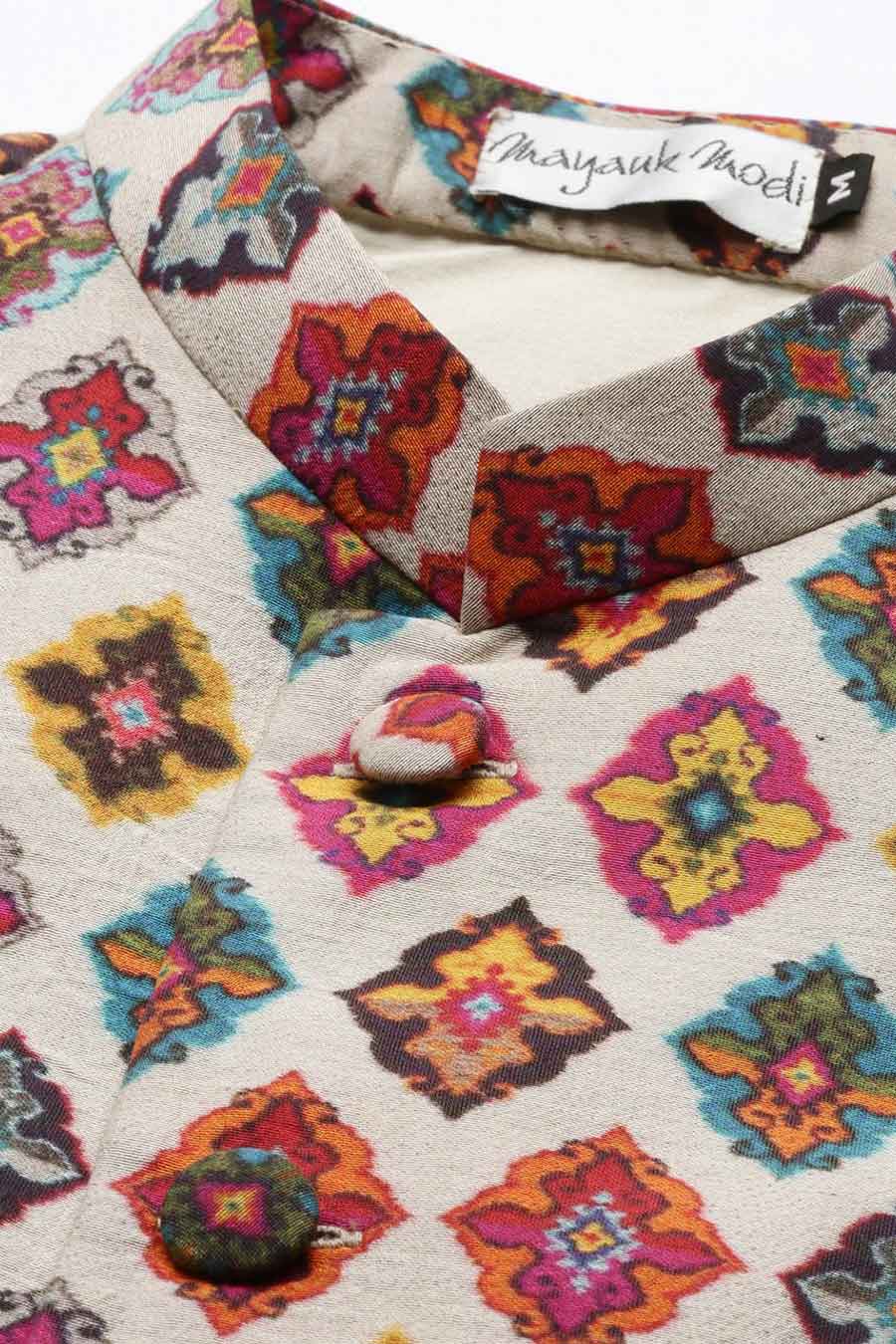 Beige Printed Chanderi Bandi Jacket