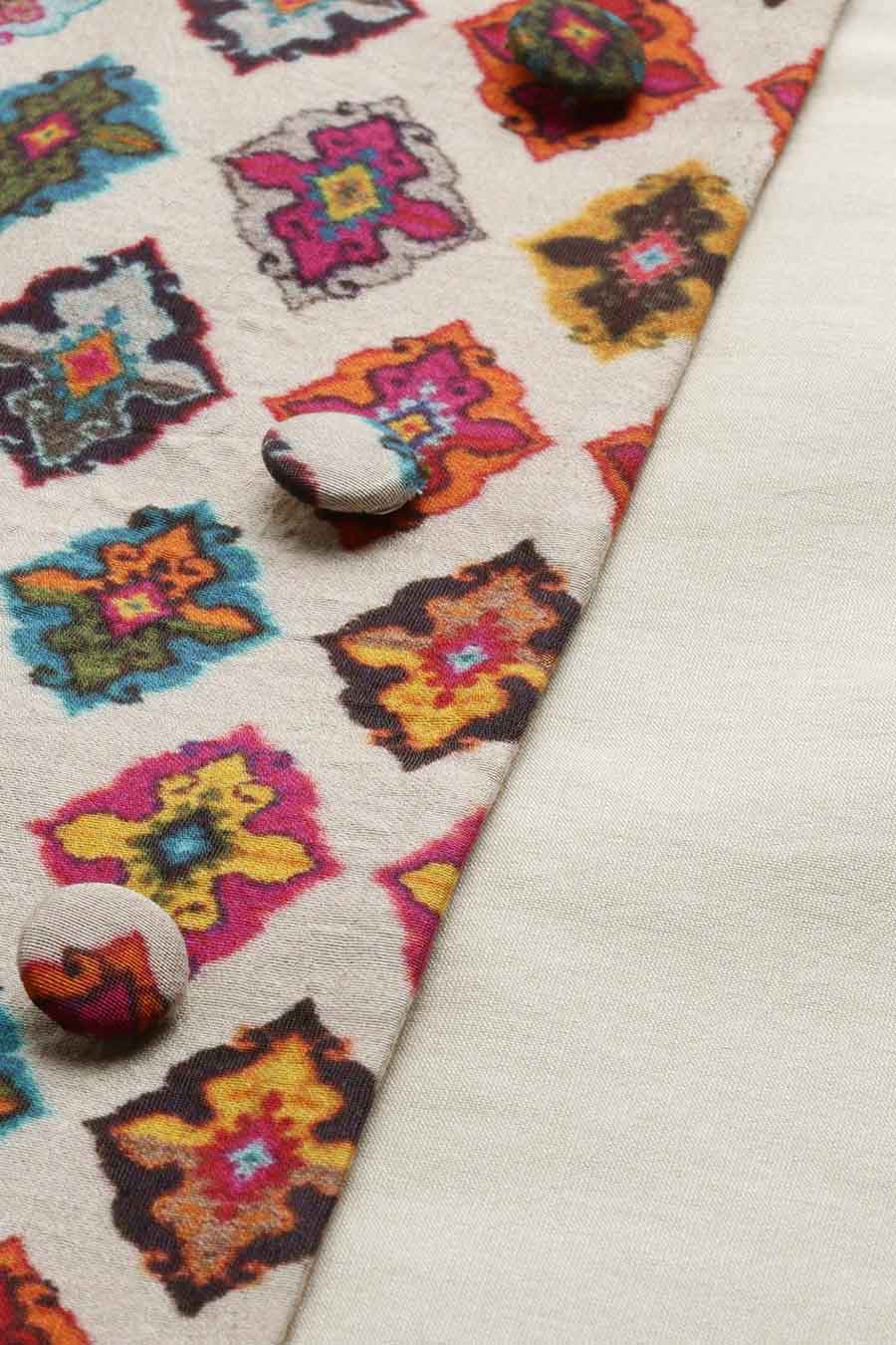 Beige Printed Chanderi Bandi Jacket