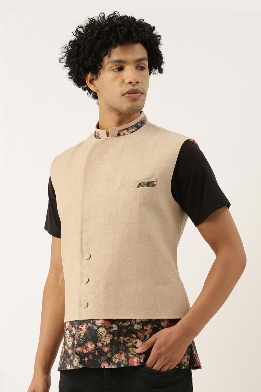 Beige Printed Panel Bandi Jacket