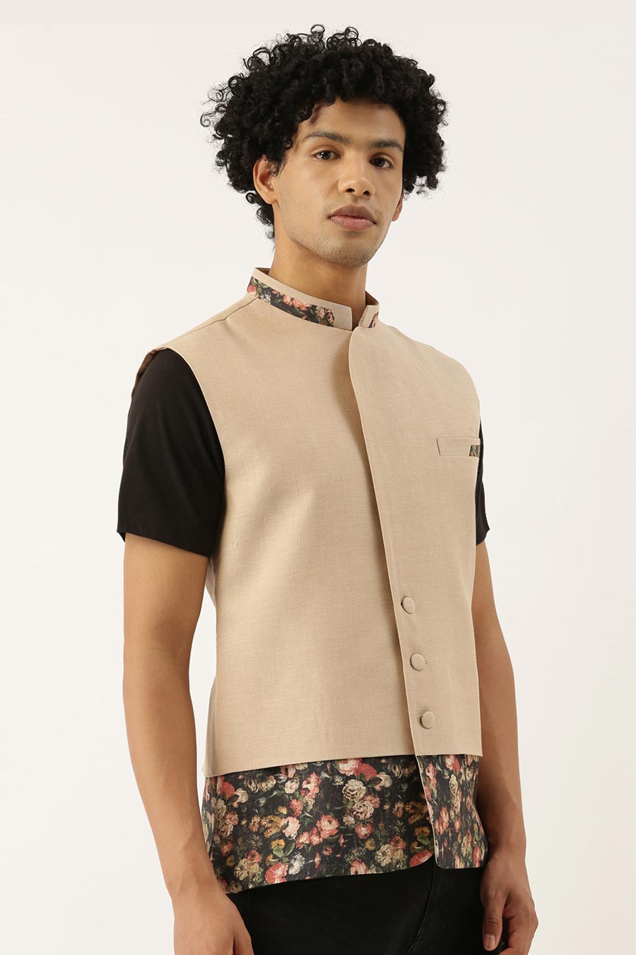 Beige Printed Panel Bandi Jacket