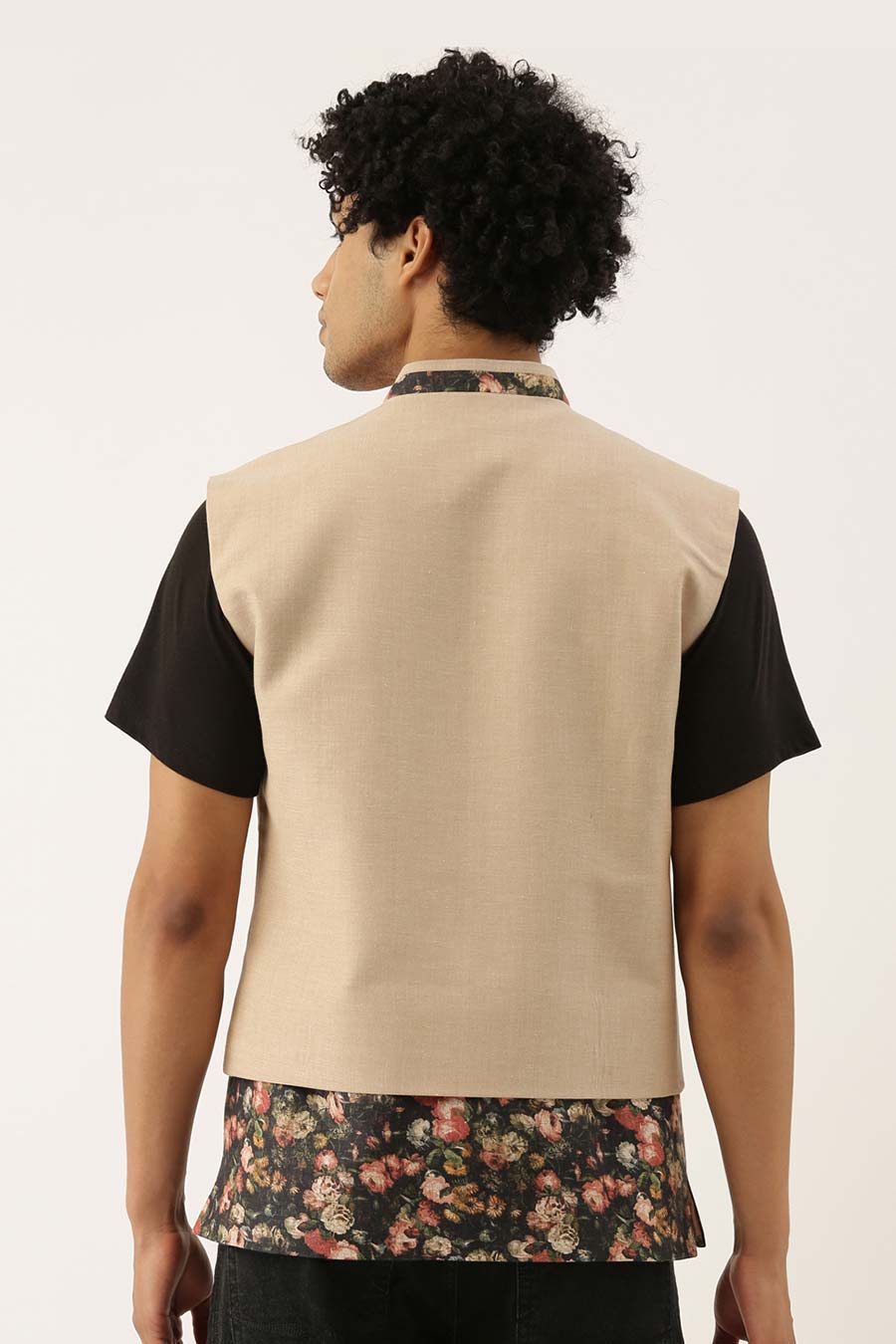 Beige Printed Panel Bandi Jacket