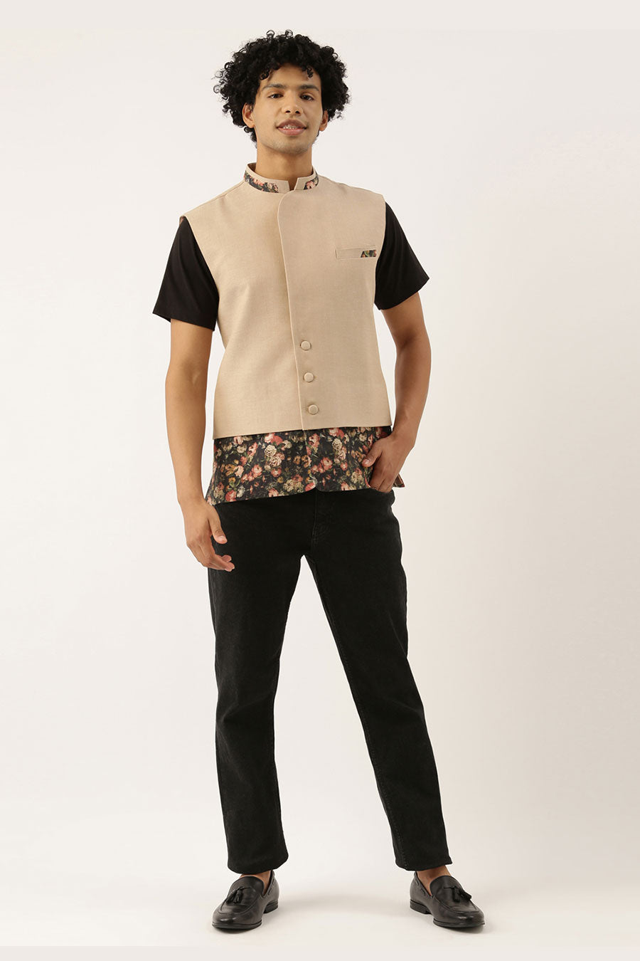 Beige Printed Panel Bandi Jacket