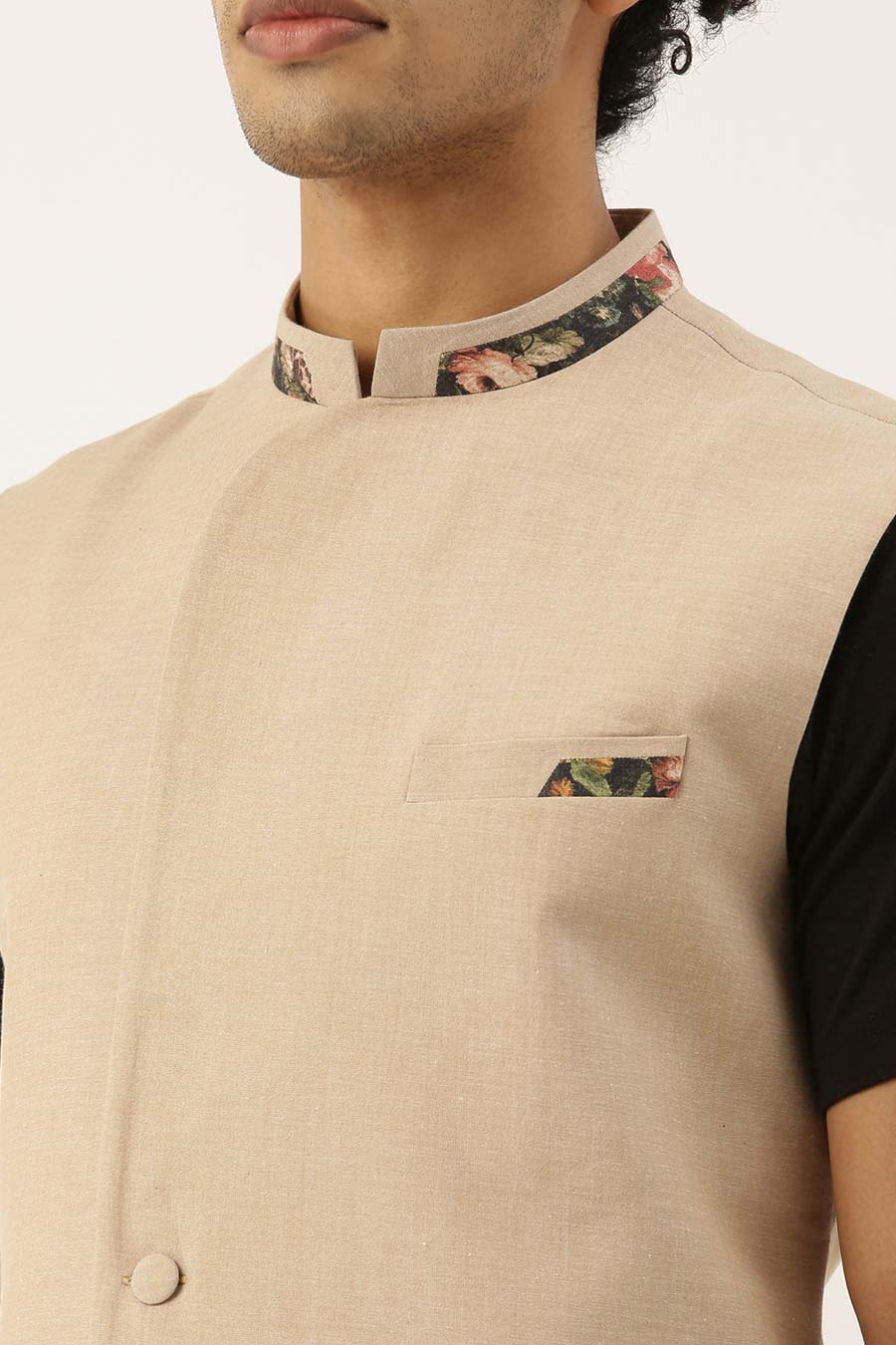 Beige Printed Panel Bandi Jacket