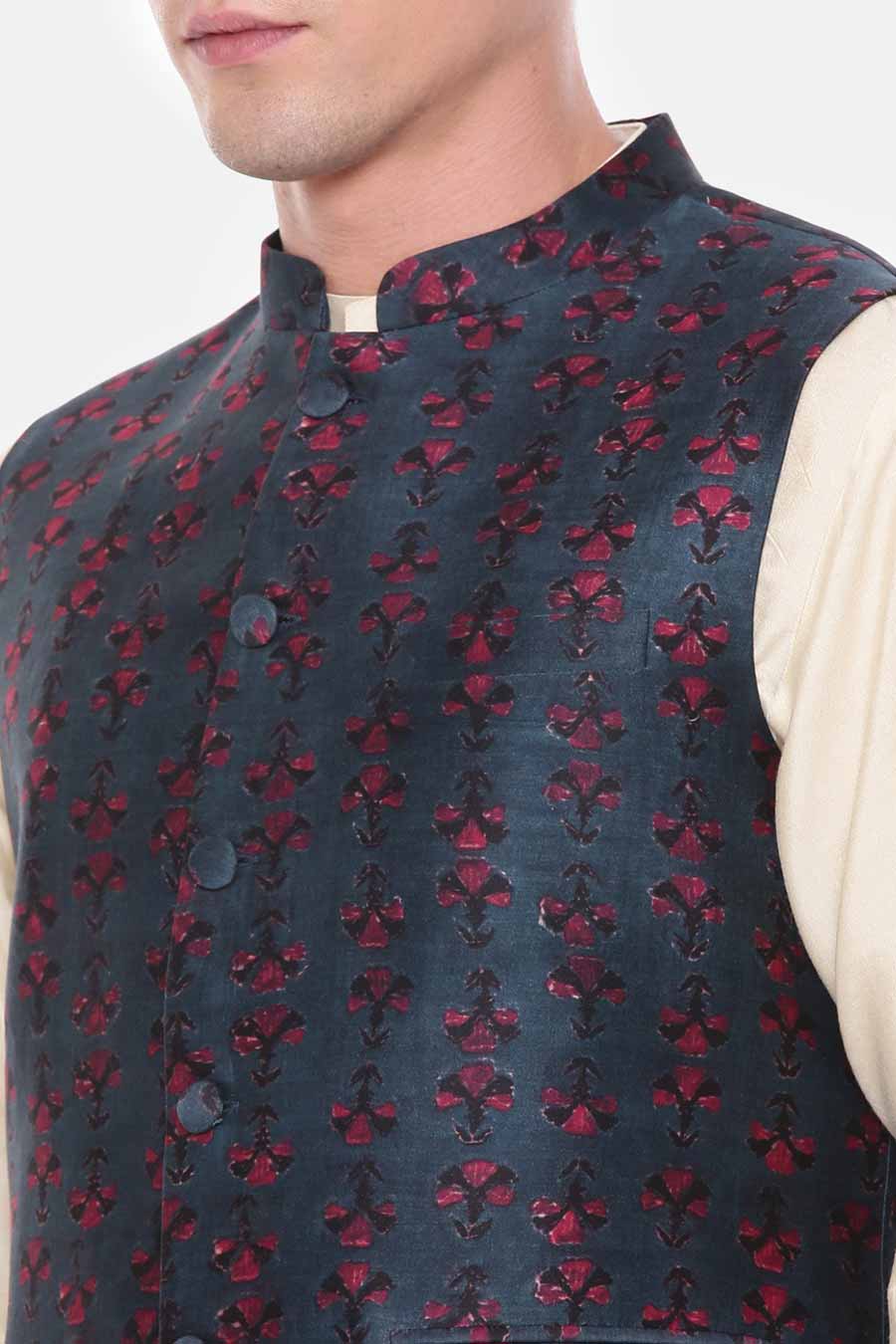 Blue Printed Chanderi Bandi Jacket