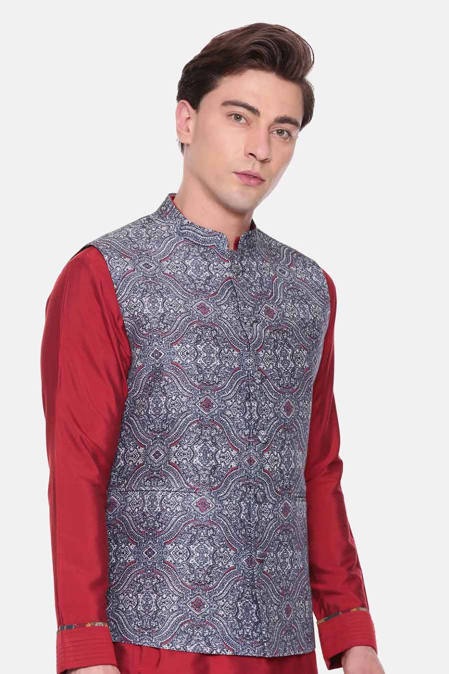 Blue Printed Bandi Jacket