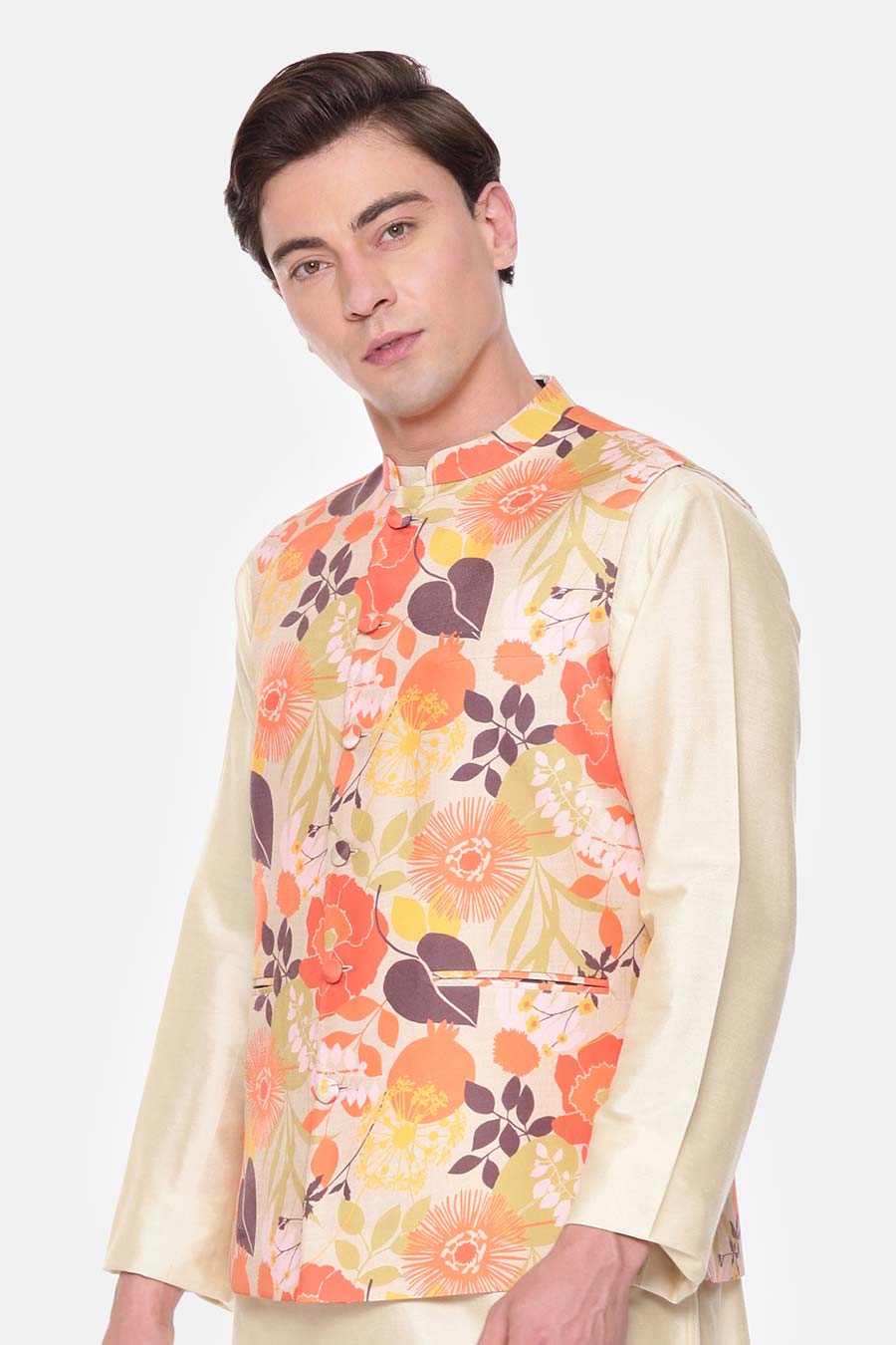 Orange & Beige Printed Bandi Jacket
