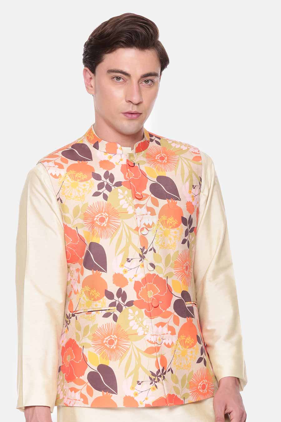Orange & Beige Printed Bandi Jacket
