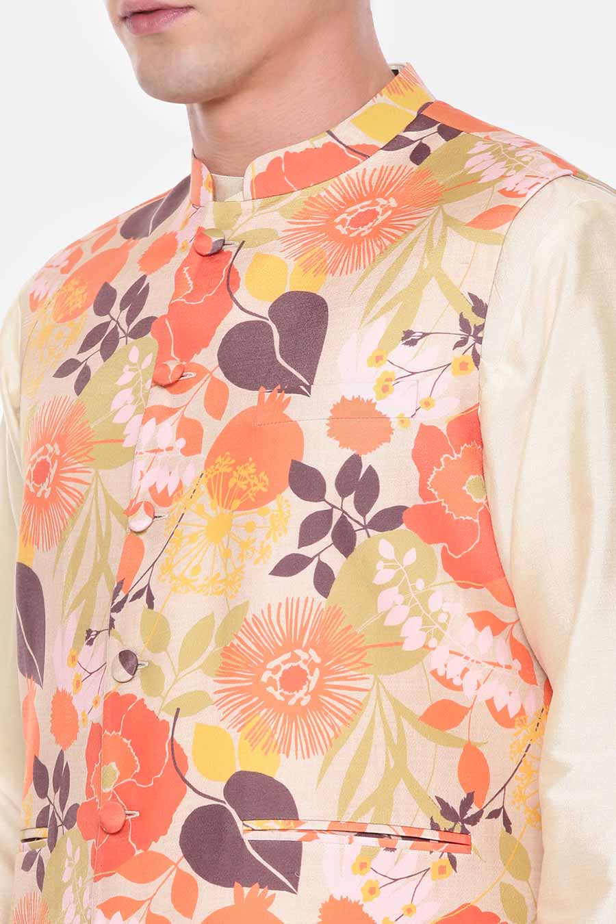 Orange & Beige Printed Bandi Jacket