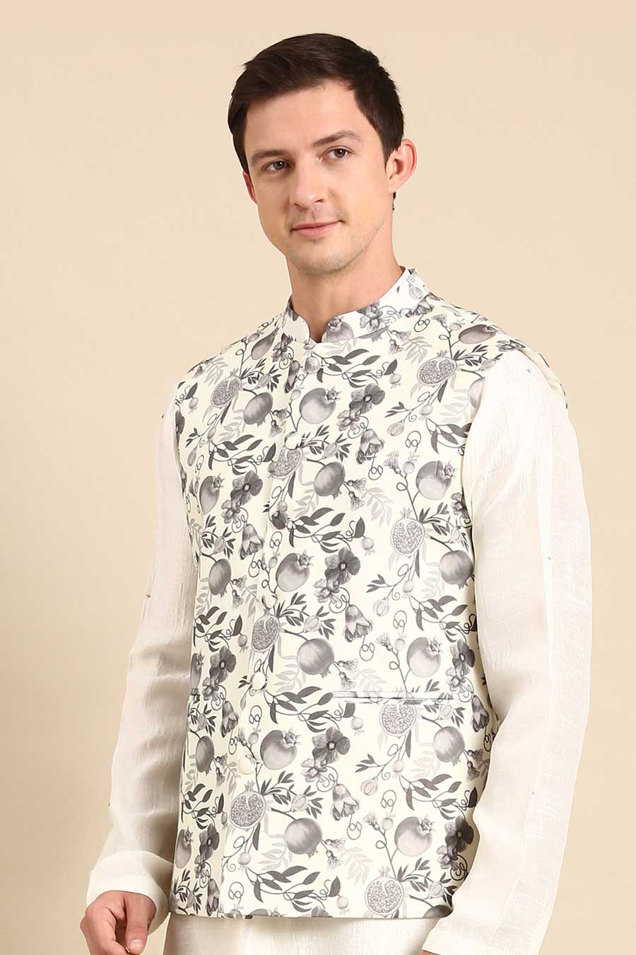 Grey & Cream Printed Bandi Jacket