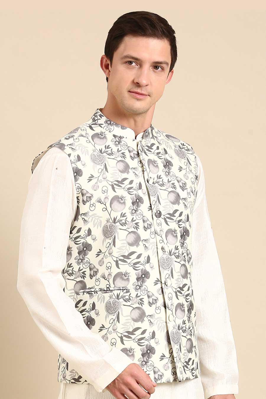 Grey & Cream Printed Bandi Jacket