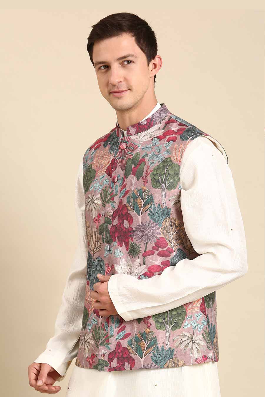 Salmon Pink Printed Bandi Jacket