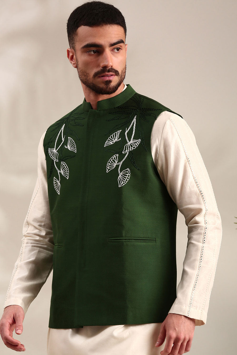 Bottle Green Embroidered Bandi Jacket