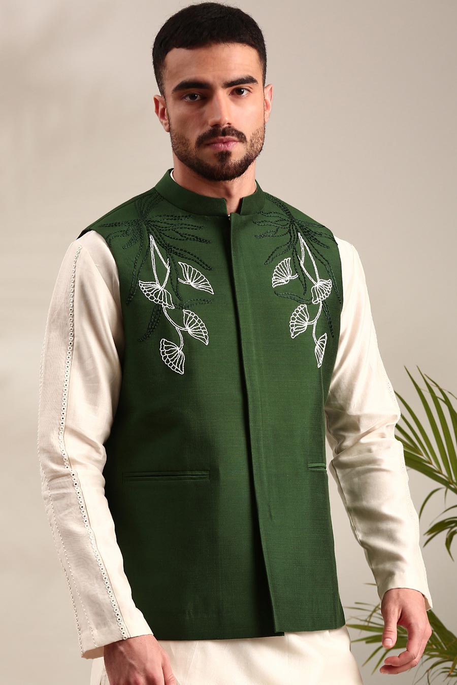 Bottle Green Embroidered Bandi Jacket