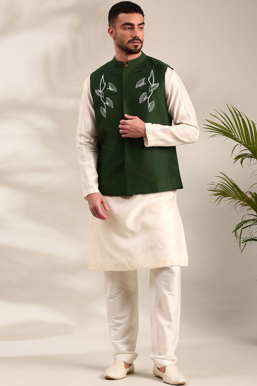 Bottle Green Embroidered Bandi Jacket