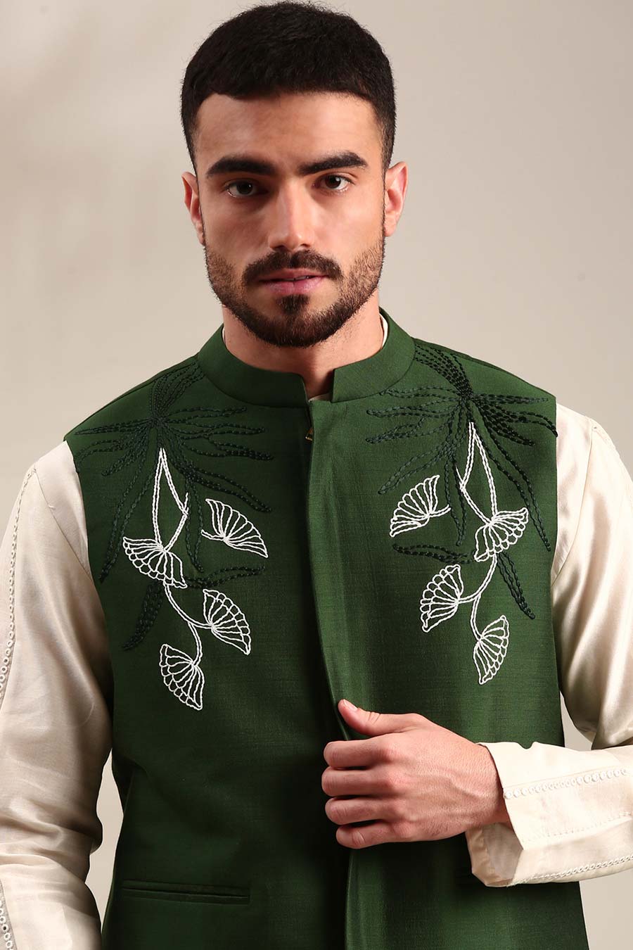 Bottle Green Embroidered Bandi Jacket