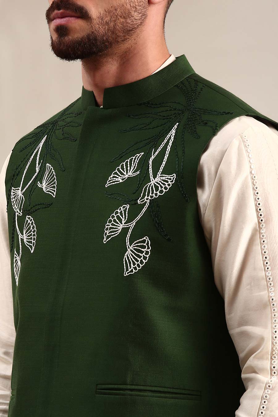 Bottle Green Embroidered Bandi Jacket