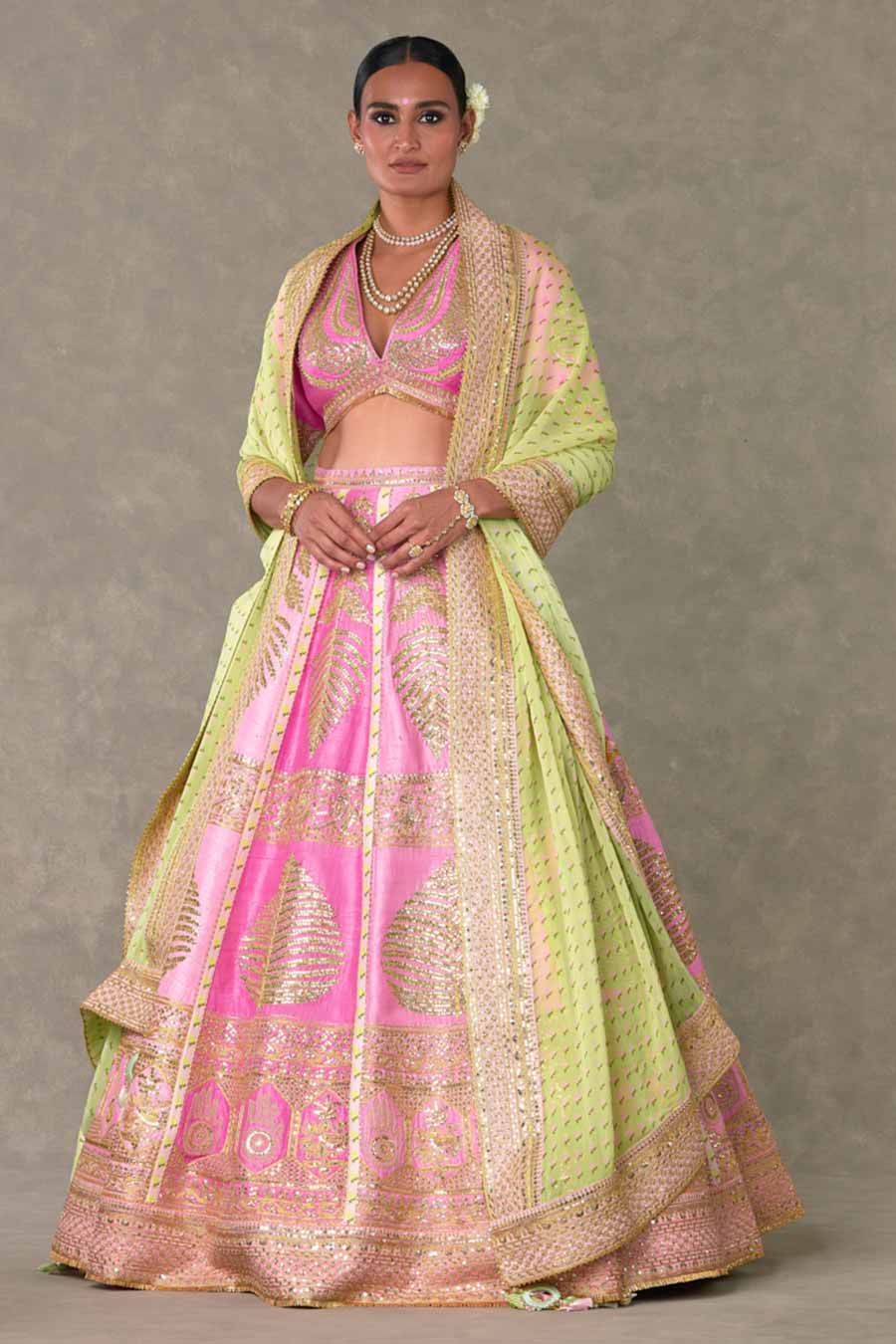 Pink Paan-Patti Lehenga Set With Double Dupatta