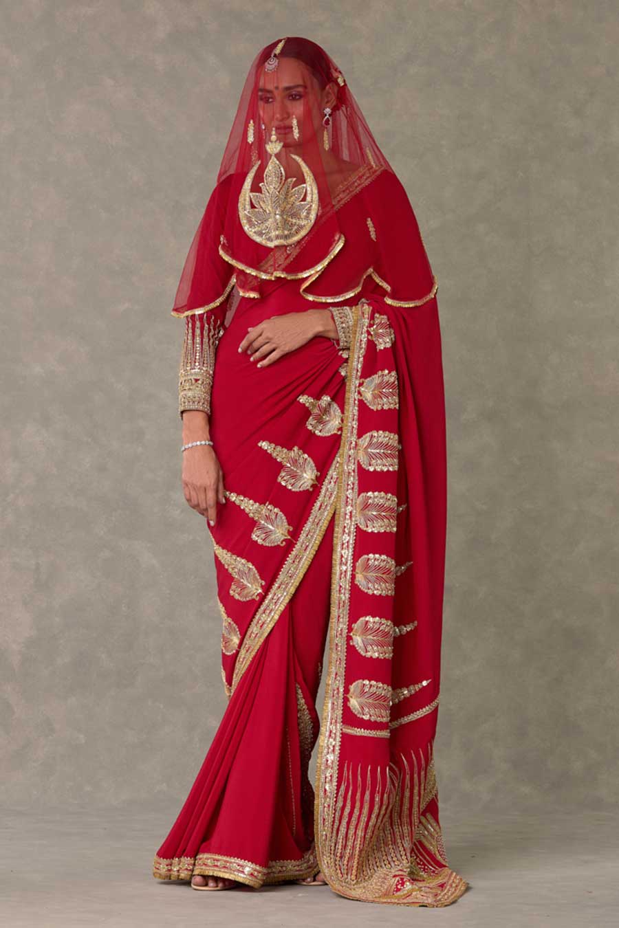 Red Son-Patti Embroidered Saree With Veil