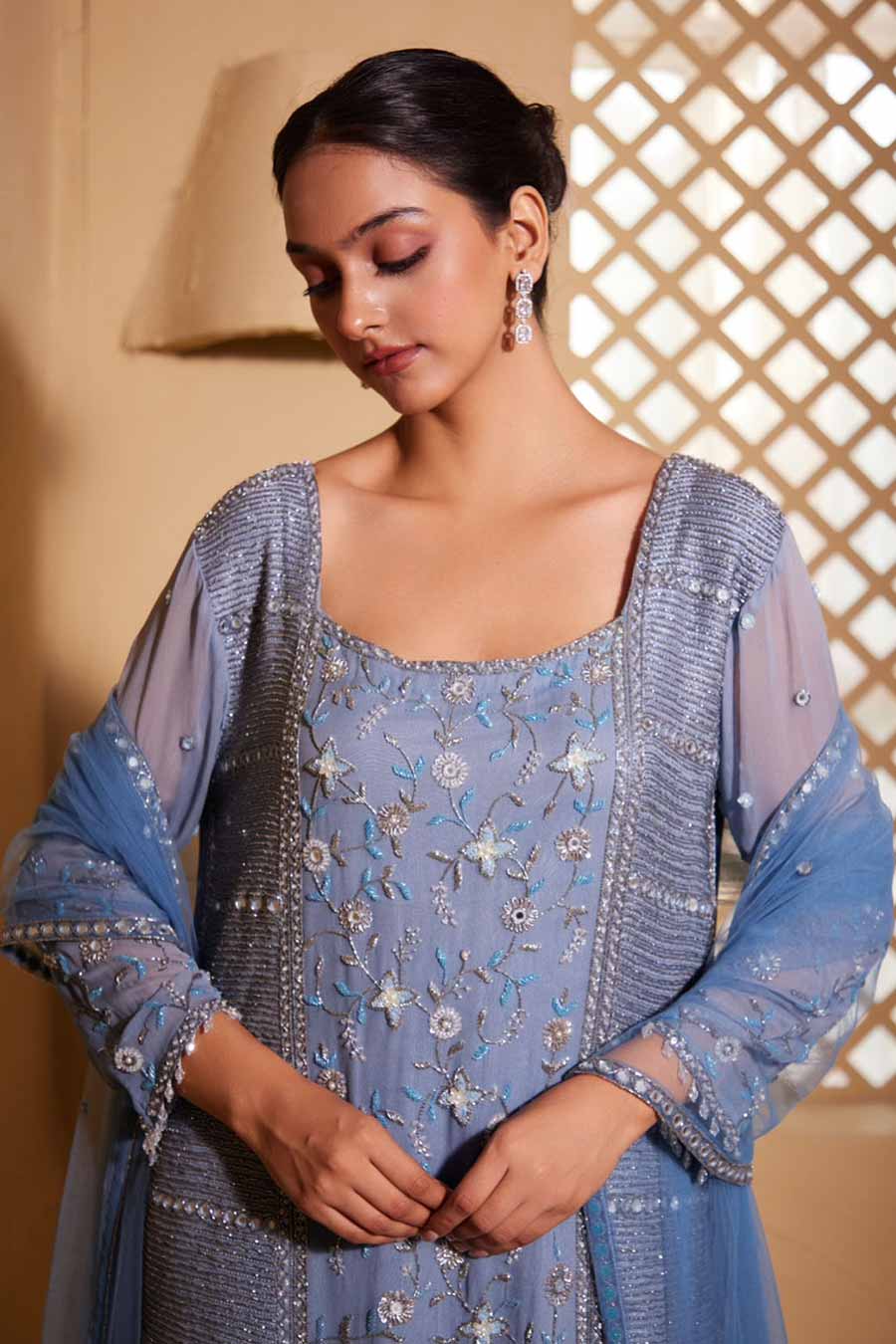 Steel Blue Adakara Embroidered Sharara Set