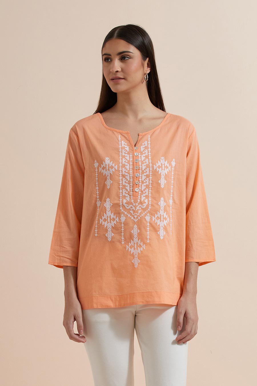 Orange Cotton Embroidered Top