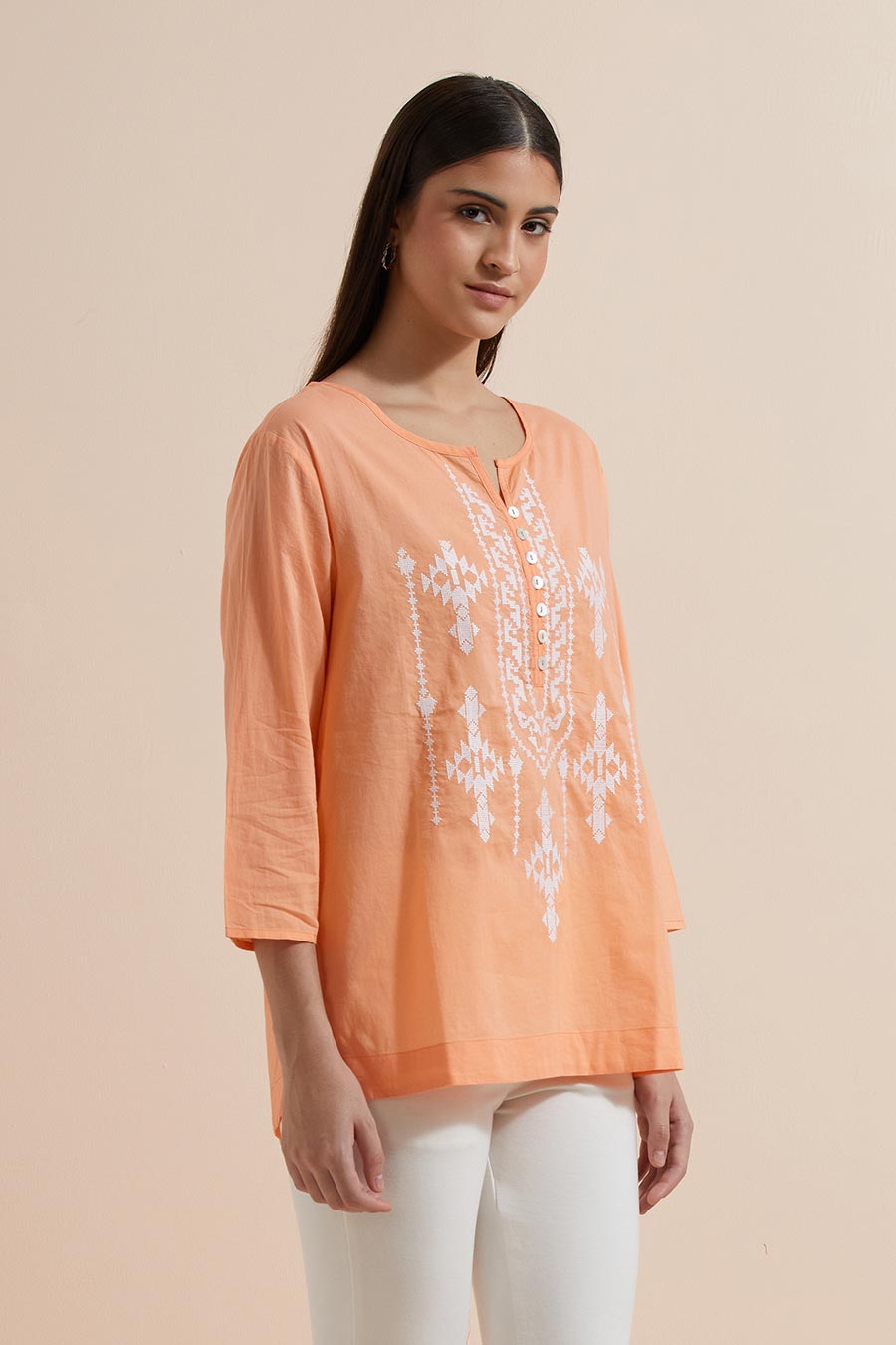 Orange Cotton Embroidered Top