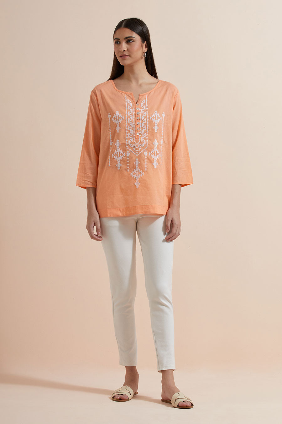 Orange Cotton Embroidered Top