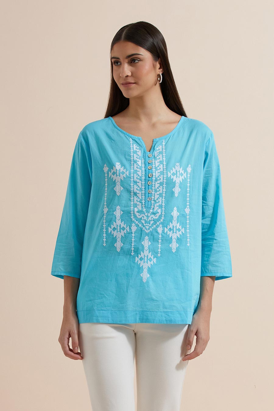 Turquoise Cotton Embroidered Top